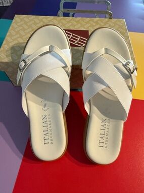 Italian Shoemakers White Crisscross Slide Sandals with Buckle